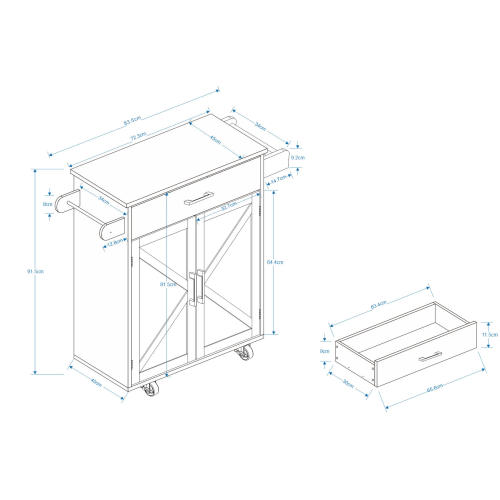 Rollwagen für Kücheninseln mit verstellbaren Regalen, Handtuchhalter und Gewürzregal, Tischplatte aus Gummibaumholz, Weiß