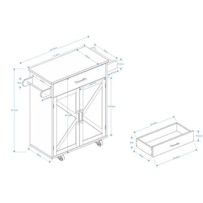 Rollwagen für Kücheninseln mit verstellbaren Regalen, Handtuchhalter und Gewürzregal, Tischplatte aus Gummibaumholz, Weiß