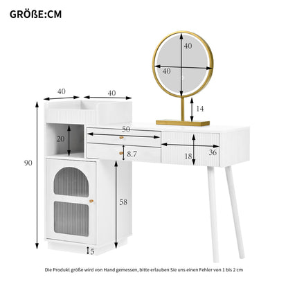 Kosmetiktisch-Set mit LED-Spiegel und 3-Farben-Beleuchtung, Schminktisch aus Holz mit 3 Schubladen und Seitenschrank, ausziehbares Design - Maße: B120/H90/T40 cm (ohne Hocker)