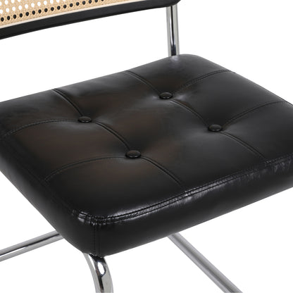 Mittelalterliche moderne Esszimmerstühle, ein Satz von 2-Rattan Esszimmerstühlen mit weichen gepolsterten Kunstlederelementen, armlose Mesh Rückenlehne Rattan Stühle, Metall Chrom Beine(Black)