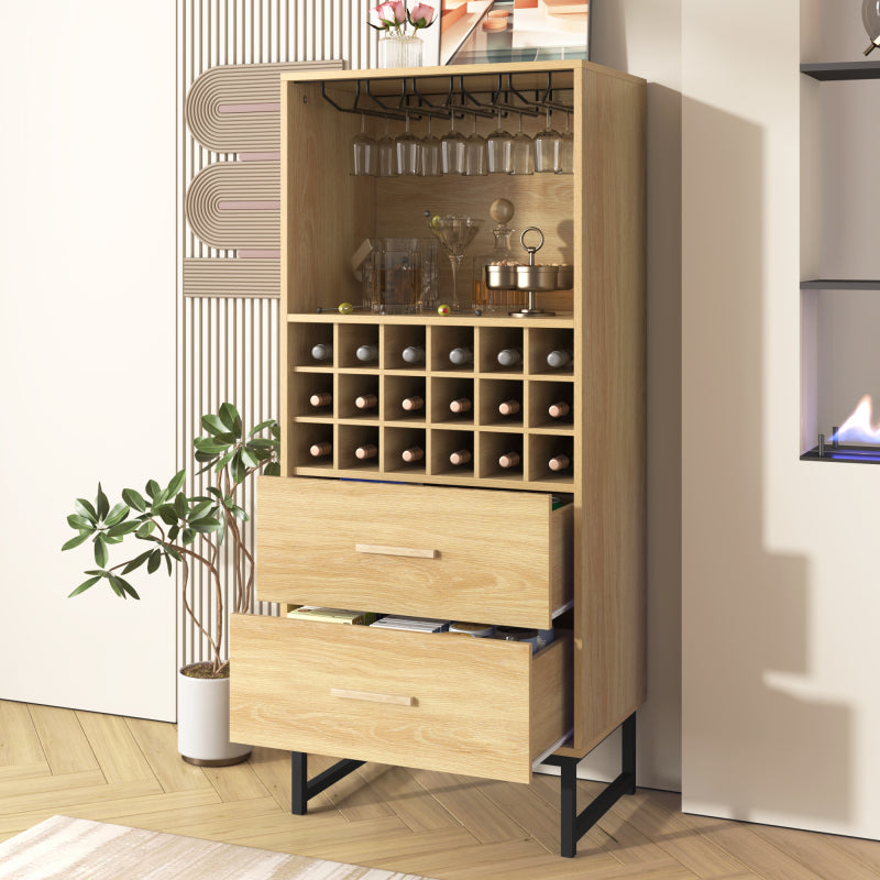 Sideboard, Stilvoller Weinschrank mit zwei Schubladen, 18 Fächern und Gläserhalterung – Mattschwarze Metallfüße – Perfekt für Weinliebhaber