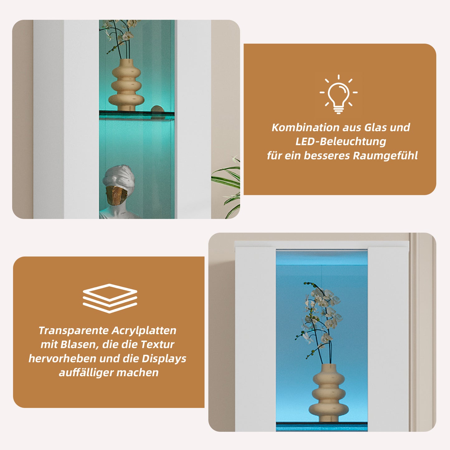 multifunktionale Vitrine, Glastrennwand, LED-Farbwechsel Licht, schlichtes Design, weiß