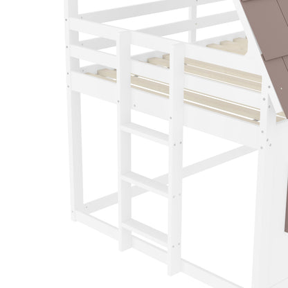 140 x 200 Holzhaus-Etagenbett mit Dach, Leiter und Rutsche, Weiß+Braun