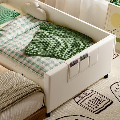 Kinder-Spleißbett, Polsterbett, Tagesbett, Schlafsofa mit Metallbettgestell, Kindernachttisch mit unterer Klapptür, 3 kleine Aufbewahrungstaschen, PU+MDF+Sperrholz, Weiß, 90x200cm