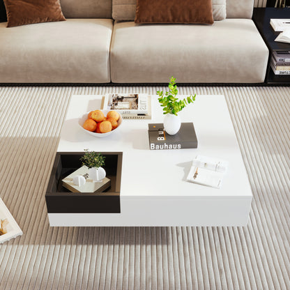 Couchtisch, Hochglanz-Wohnzimmertisch, Beistelltisch mit abnehmbarer Aufbewahrungsbox, Farbblockweiß und Schwarz, 72*72*30 cm, Mit LED-Lichteffekt