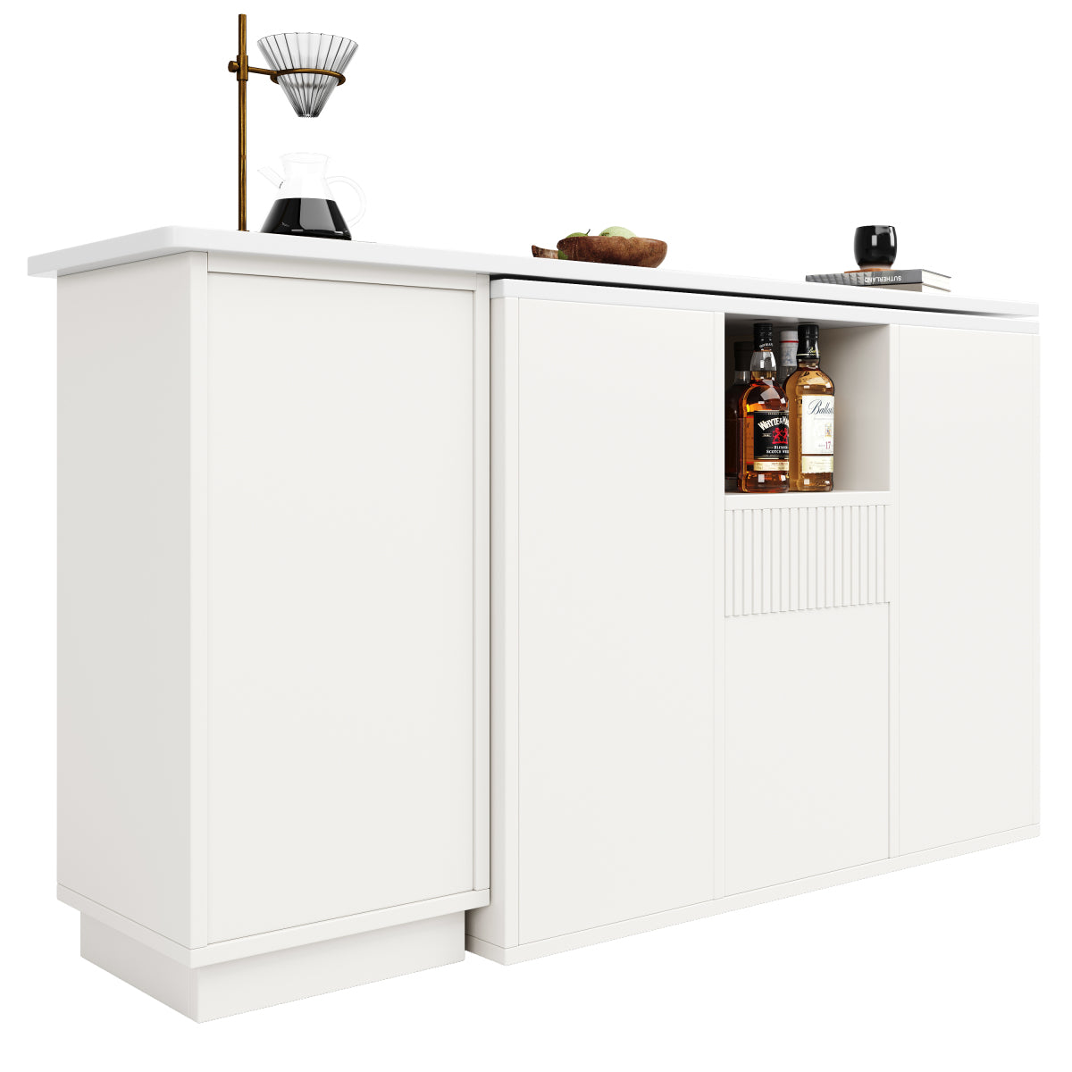 360° Drehbarer Bartisch 210cm L-Form Kücheninsel mit Marmor-Optik Arbeitsplatte, Moderner Tresen & Aufbewahrungsschrank Weiß, Sideboard