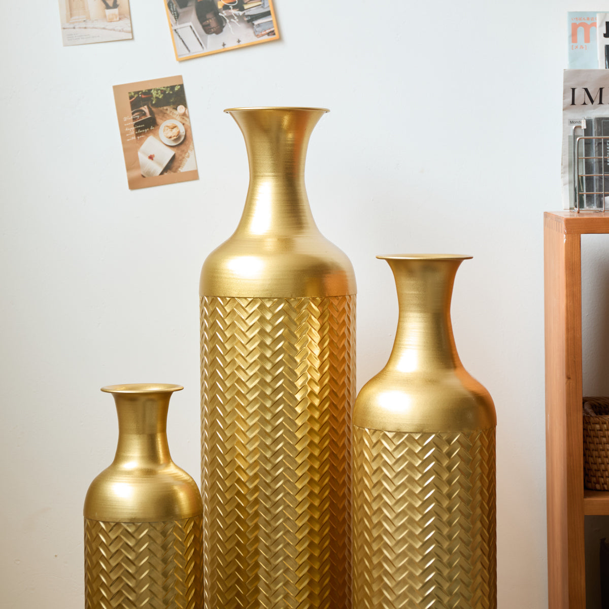 3er Set Bodenvase Metall, Gold, Retro Stil, Hohe Dekovasen 83/65/50 cm