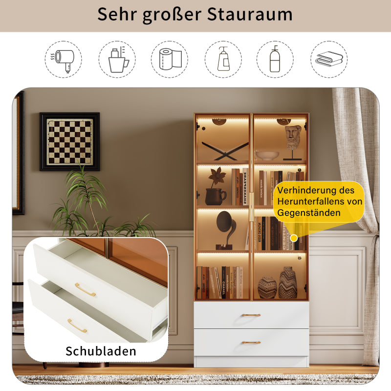 Badezimmerschrank, mittel, mit Lichtleiste, 75 cm breit, mit 2 großen Schubladen und 2 Türen, Glastür