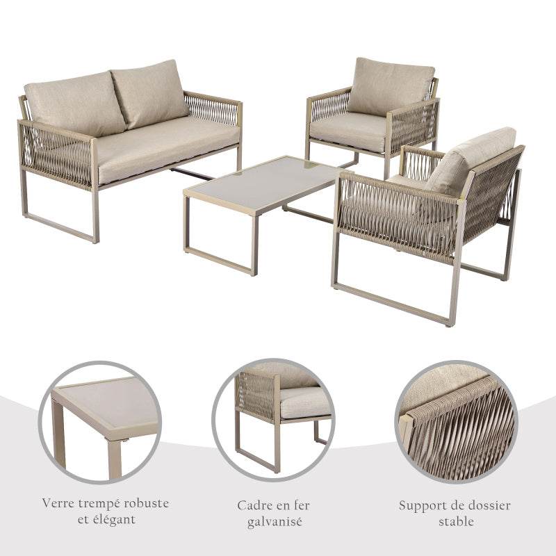 Garten-Lounge-Set mit verzinktem Eisenrahmen, Gartenmöbel-Set aus Seil, Lounge-Set aus khakifarbenem Seil mit Sitzkissen, verstellbaren Füßen, glatter Glasplatte, 4er-Set, inklusive aller Kissen
