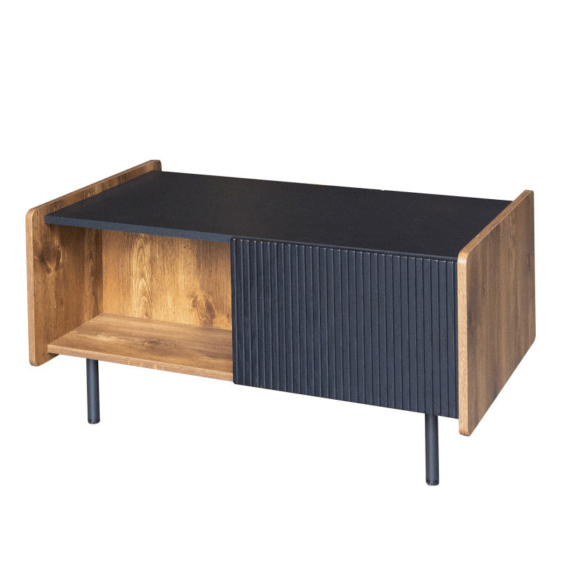 90 cm Schwarze und Holzfarbene Couchtisch – Moderner Stil, Zwei Offene Fächer und Zwei Türen, Dämpfende Scharniere