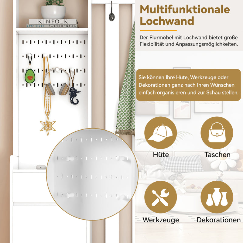 Flurgarderobe mit gepolsterter Aufbewahrungsbank, multifunktionaler Flur-Schuhschrank mit Stecktafel, moderne Garderobe mit 4 Haken für Eingangsbereich, Waschküche, Weiß,H180/B100/T35 cm