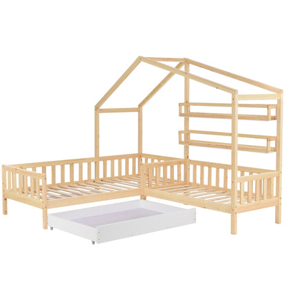 Kinderbett Hausbett mit Schubladen und Regalen, Massivholz mit Zaun und Lattenrost, L-Struktur, Natur (90x200 cm+140x70cm)