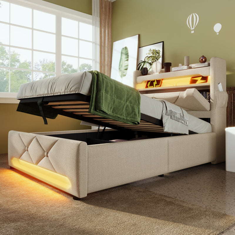 Polsterbett Einzelbett 90*200, Stauraum Kopfteil mit USB und Typ C-Port ,360-Surround-LED-Funktion rund um Kopf- und Fußende des, Betten mit Hydraulisch Stauraum, Beige , Leinen(Ohne Matratze)