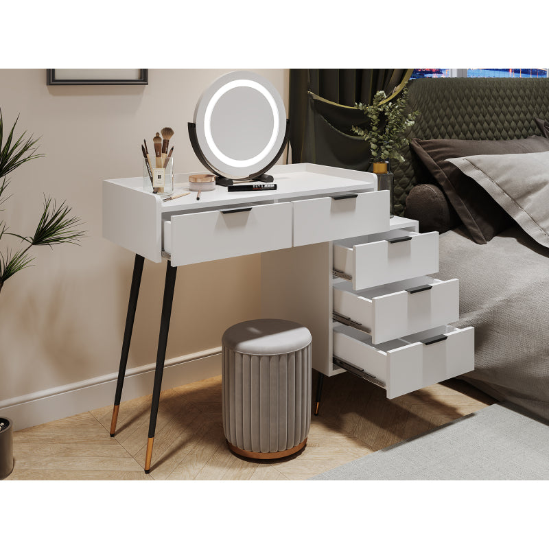 Weißer Schminktisch(Ohne Stühle), Enthält ausziehbare Seitenschränke, mit Spiegel einstellbare Helligkeit, mit 5 Schubladen, Großer Frisierkommode Schlafzimmermöbel Vanity, Weiß