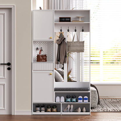 Garderoben-Set mit Sitzbank, Schubladen & Lochwand, Flurgarderobe 6-in-1, MDF, Weiß, 100x180x35 cm