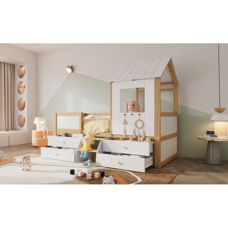 Kinderbett, halbhohes Bett, Hausbett mit Dach und Fenster, Vierseitiger Zaun, mit 4 Schubladen und kleine Treppe, Kiefer+MDF+Sperrholz, Weiß+Natur, 90x200cm