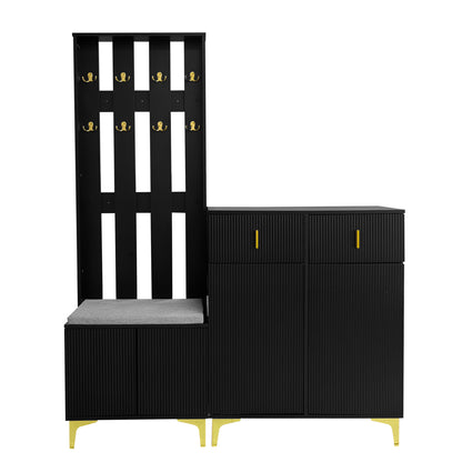 Garderoben-Set mit Schuhschrank & Sitzbank, Wellenfront, Push-to-Open, goldene Haken & Füße, Schwarz