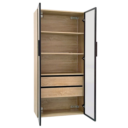 Badezimmerschrank, mittel, mit Lichtleiste, 73 cm breit, mit 2 großen Schubladen und 2 Türen, Glastür