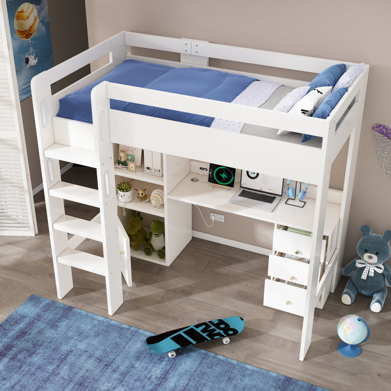 Kinderbett Hochbett mit USB-C Schreibtisch, Kleiderschrank und Aktenschrank, Jugendbett  Einzelbett mit Treppe und Lattenrost, Stauraum,90×200, Ohne Matratze