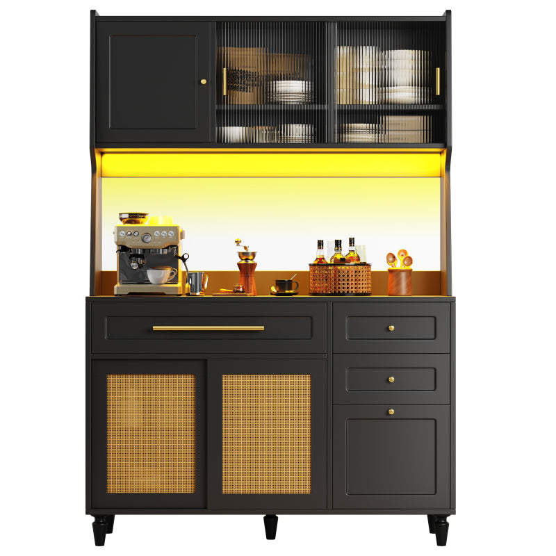 Küchenschrank, Esszimmerschrank mit 3 Schubladen,Sideboard mit LED-Beleuchtung, PE-rattan, schwarz