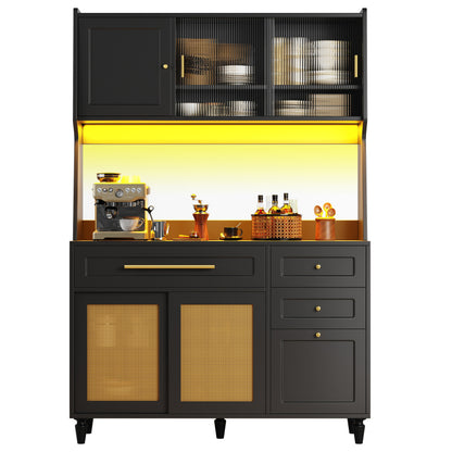 Küchenschrank, Esszimmerschrank mit 3 Schubladen,Sideboard mit LED-Beleuchtung, PE-rattan, schwarz