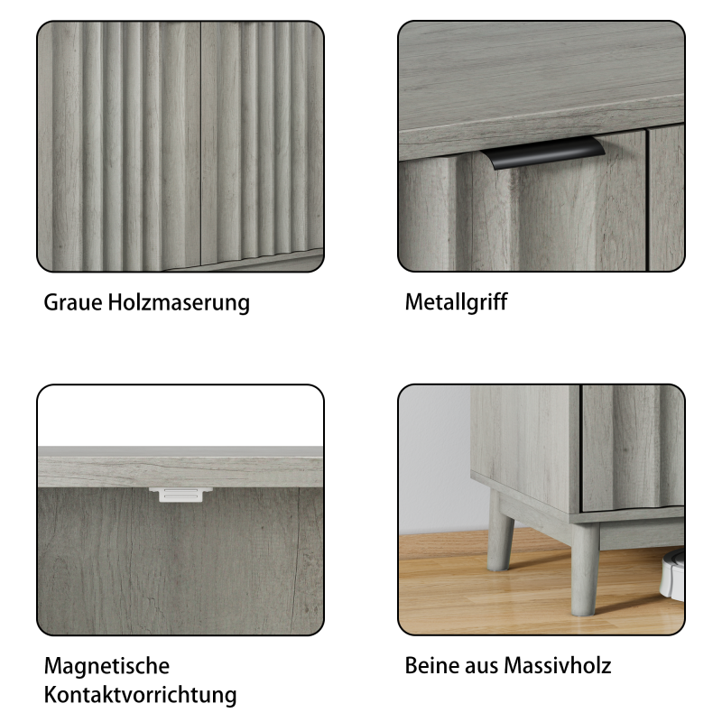 Rillenkantenschrank, unabhängiges Buffet mit verstellbaren Regalen, Holzschrank, passend für Wohnzimmer, Flur, Eingang, Grau