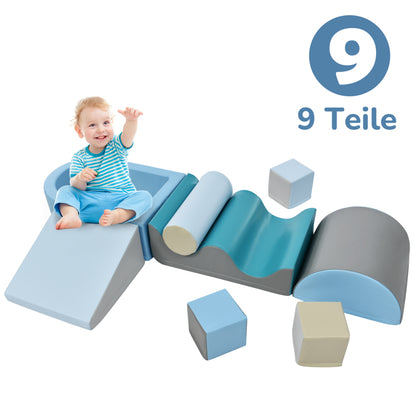 9 TLG Bausteine zum Toben & Klettern. Bausteine für Kinder. Treppen, Rutsche und Bällebad für Kinder für Vorschulkinder und Babys, weiche Bausteine, bunt. Ohne Kugel.