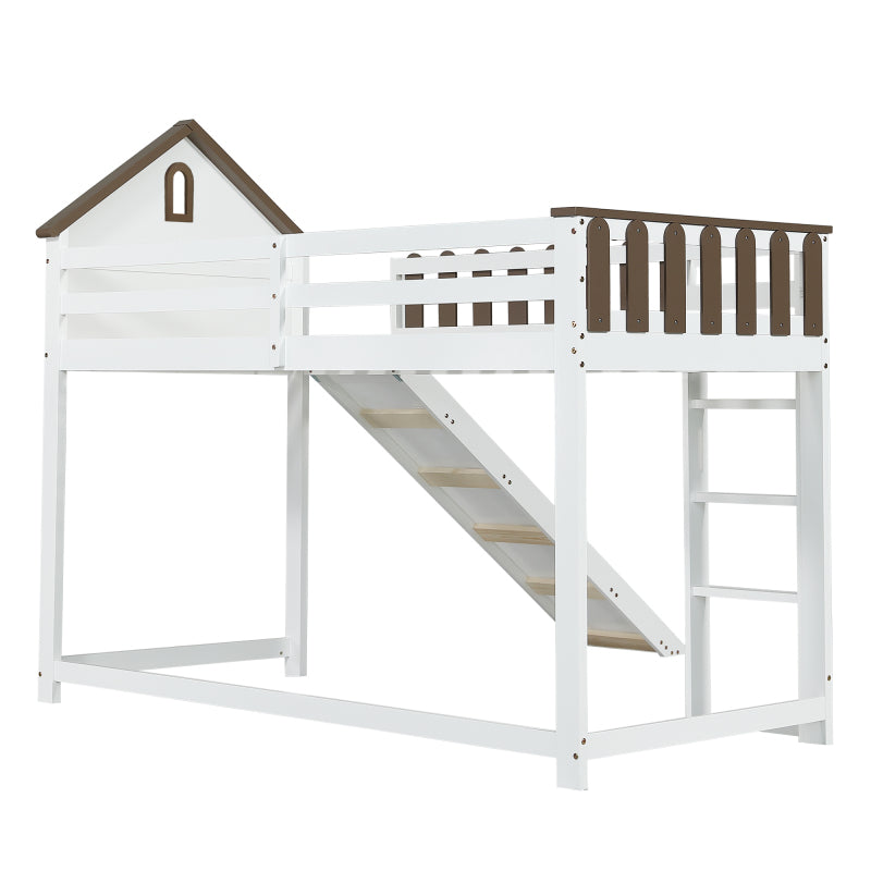Hochbett, Mit Dach und Fenster, Mit dreistufiger gerader Leiter, Jugendbett, Kinderbett mit Rutsche,  Kiefer+MDF, Weiß+Walnuss, 90x200cm