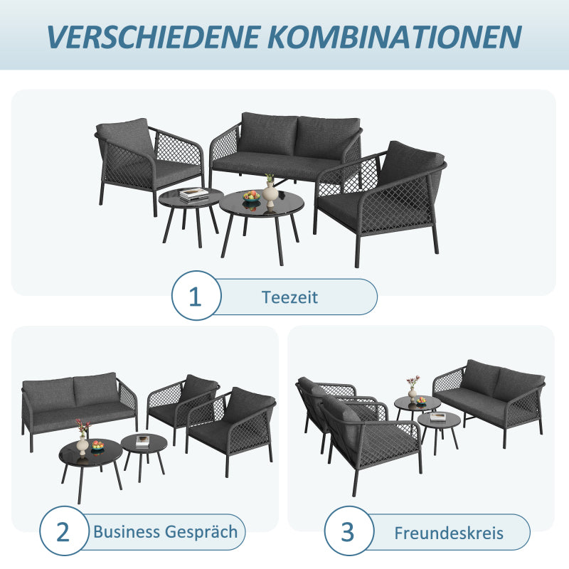 Garten-Lounge-Set, Gartenmöbel-Set aus Seil, Modernes Outdoor-Sofa-Set, graues Seil, Tischplatte aus glattem Glas, inklusive aller Sitz- und Rückenkissen,Loungemöbel, Balkonset , Garten & Terrasse