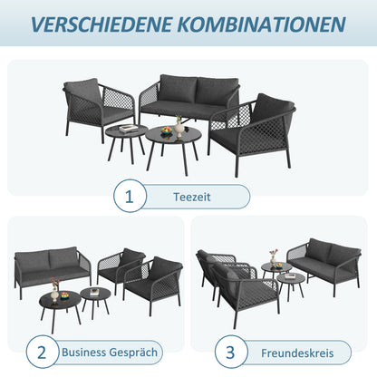 Garten-Lounge-Set, Gartenmöbel-Set aus Seil, Modernes Outdoor-Sofa-Set, graues Seil, Tischplatte aus glattem Glas, inklusive aller Sitz- und Rückenkissen,Loungemöbel, Balkonset , Garten & Terrasse