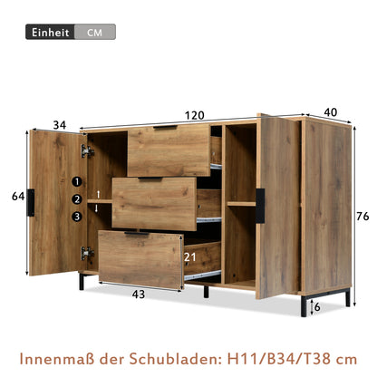 Kommode mit 2 Türen und 3 Schubladen, 120 x 40 x 76 cm in Dunkle Eiche, Verstellbare Ablage, Sideboard Highboard für Schlafzimmer & alle Wohnräume