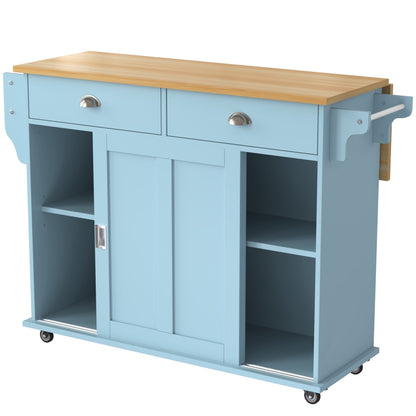Esswagen/Anrichte, 112x40(70)x94 cm, Blau, Klappbare Massivholzoptik-Arbeitsplatte, mit Ablagetür, Rollen & Auswechselbaren Massivholzfüßen, für Küche & Esszimmer