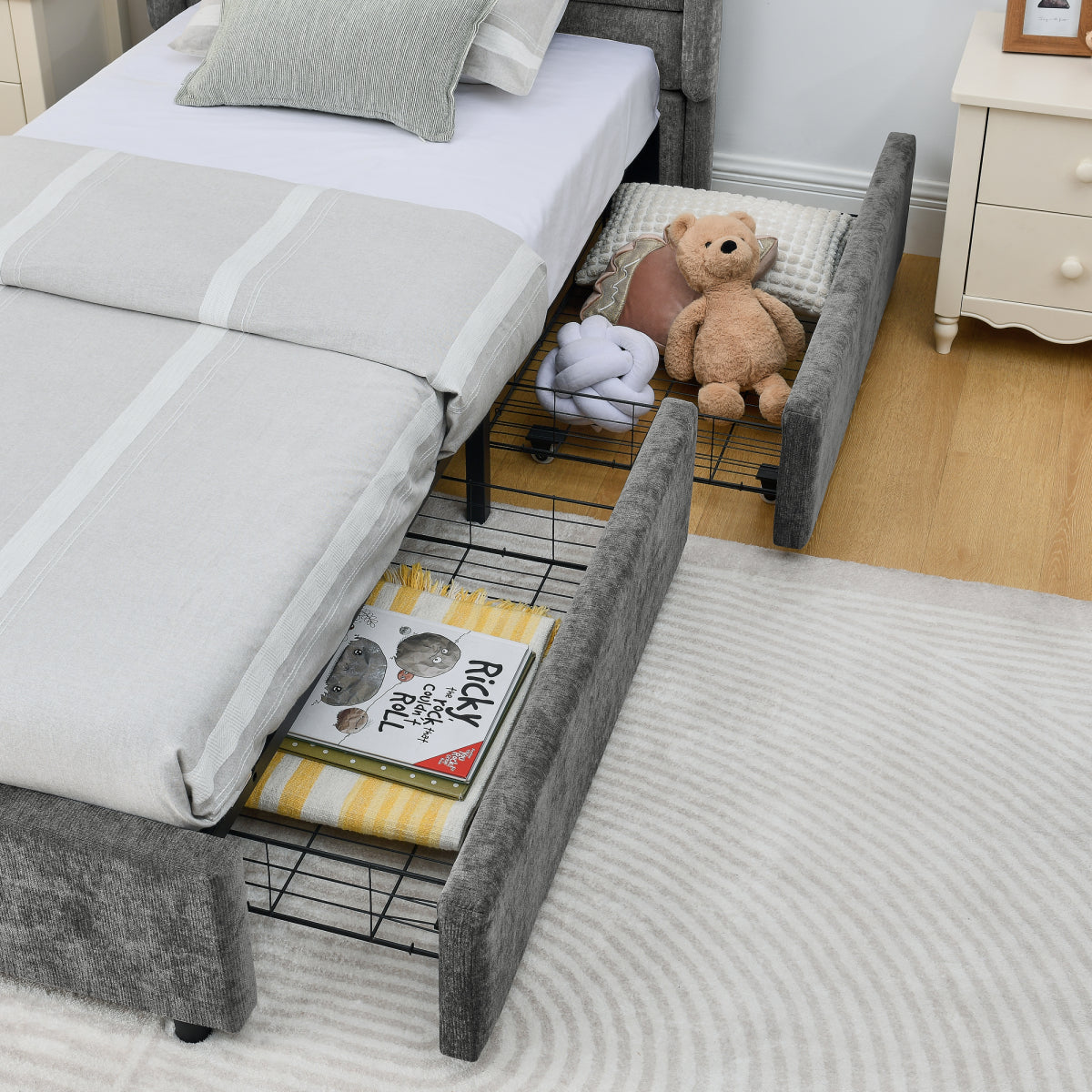 Einzelbett 90×200 cm mit Chenille-Oberfläche & 2 Schubladen, stabiles Bettgestell aus Holz/Metall, ideal für Kinder-, Jugend- & Gästezimmer, Gray (ohne Matratze)