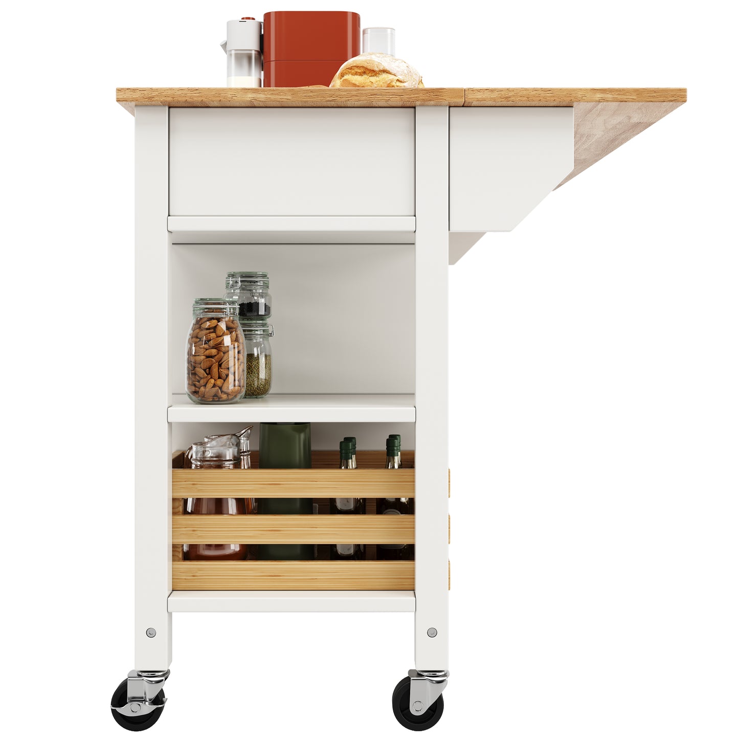 Moderne Kücheninsel Küchenschrank 120x45x90cm Esszimmerwagen mit Kiefernkorb Multifunktions Esstisch Holzmaserung Aufbewahrungskorb Weiß