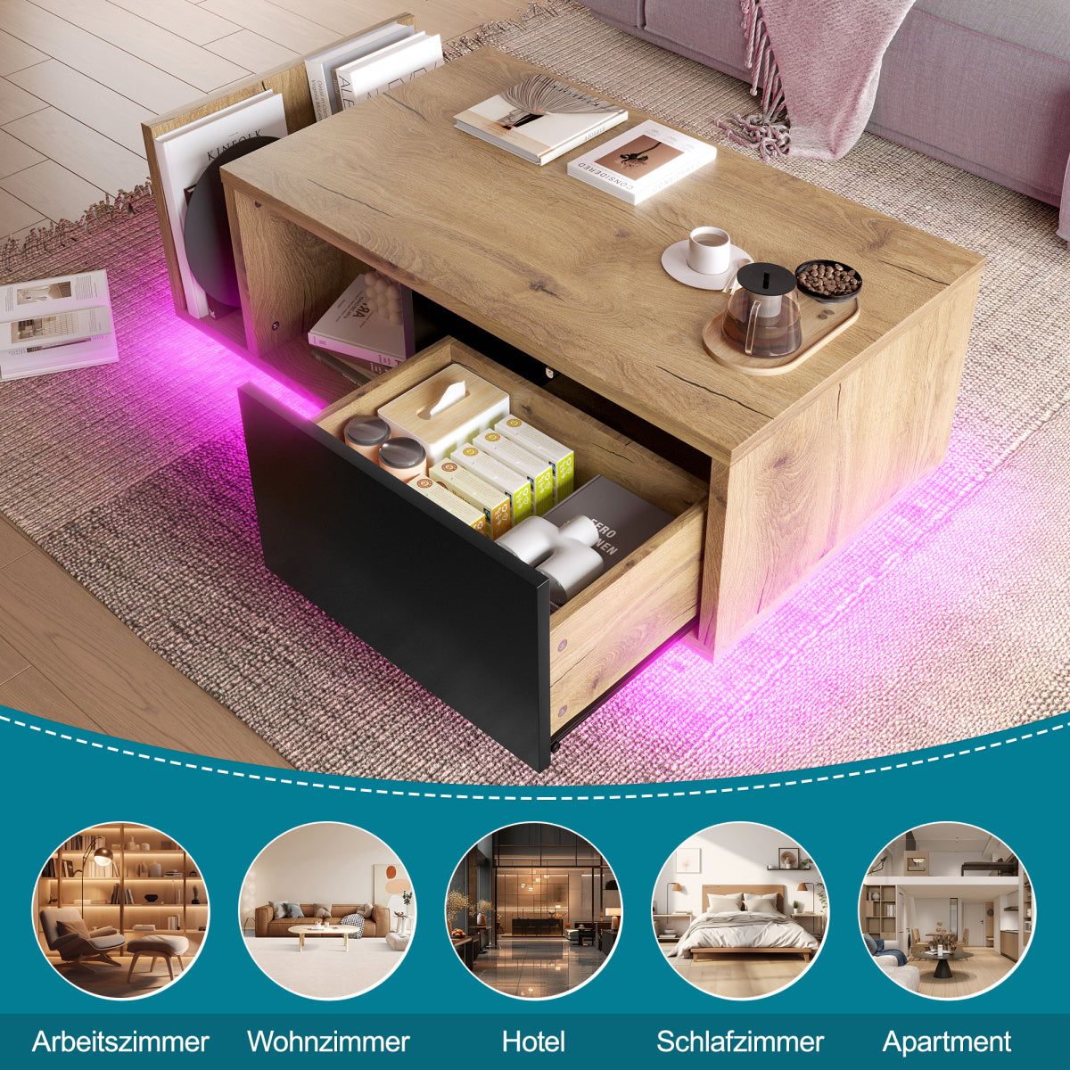 Couchtisch mit LED-Beleuchtung, Wohnzimmertisch mit Schublade und Stauraum, Holzoptik & Metall