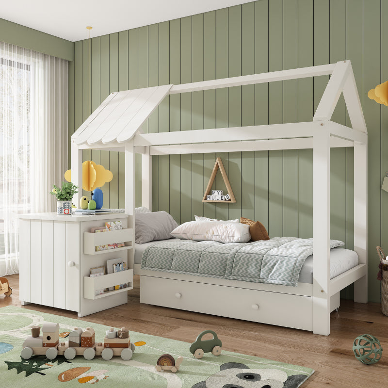 Hausbett Kinderbett 90x200 cm aus Massivholz mit Schubladen & abnehmbarem Nachttisch - Bodenbett in Weiß, ohne Matratze