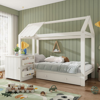 Hausbett Kinderbett 90x200 cm aus Massivholz mit Schubladen & abnehmbarem Nachttisch - Bodenbett in Weiß, ohne Matratze