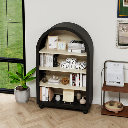 Schwarzes Bücherregal mit bogenförmigem Design, Höhe 120 cm, geeignet für Wohnzimmer, Schlafzimmer, Arbeitszimmer und Büro