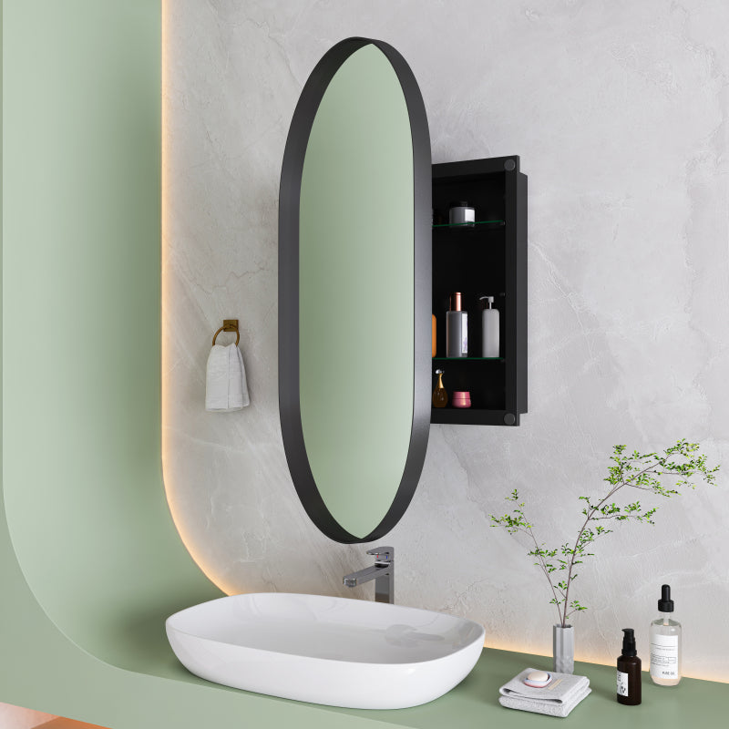 Stylish Oval Mirror Cabinet, Recessed Medicine Cabinet, Wall Cabinet with Metal Framed, Mirror and Adjustable Shelves, Mirror Cabinet with Storage for Bathroom, Living Room and Bedroom, Black
