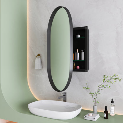 Stylish Oval Mirror Cabinet, Recessed Medicine Cabinet, Wall Cabinet with Metal Framed, Mirror and Adjustable Shelves, Mirror Cabinet with Storage for Bathroom, Living Room and Bedroom, Black