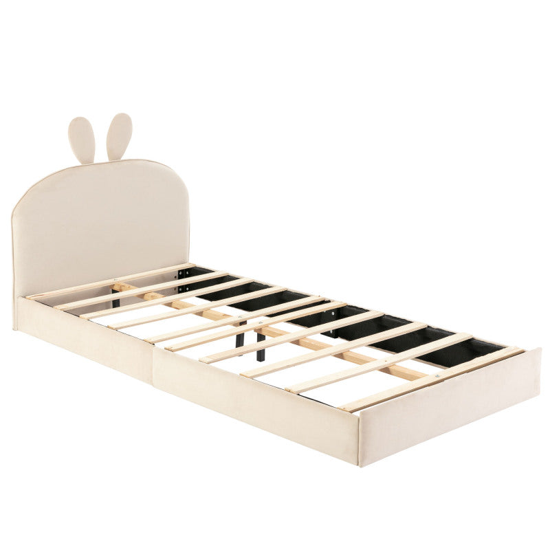 Kaninchen Kopfteil Polsterbett, Kinderbett mit Holzlatten, Einzelbett, Samt, Beige, 90x200cm