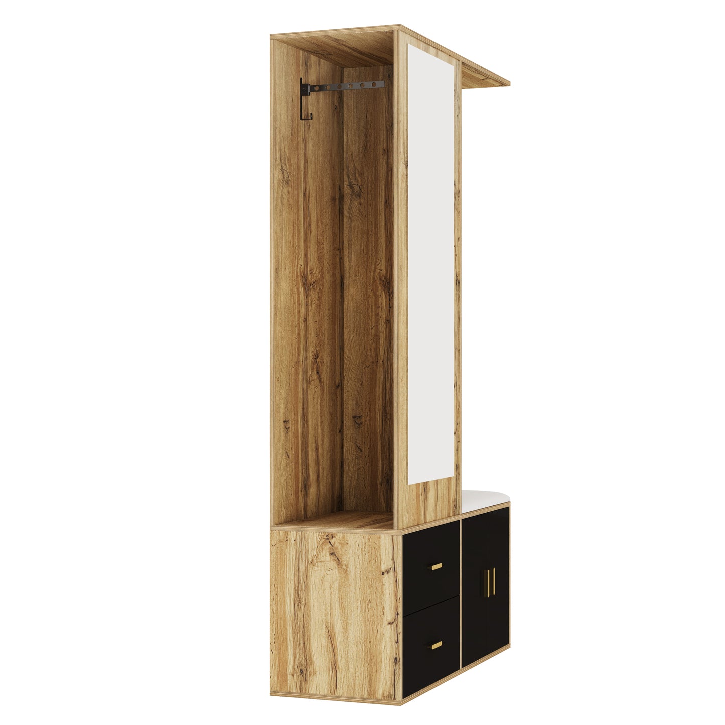 Elegantes Kleiderschrank Set in Schwarz und Holzfarbe mit Spiegel, Schuhschrank, Schuhbank mit Haken und ausziehbaren Kleiderbügeln.