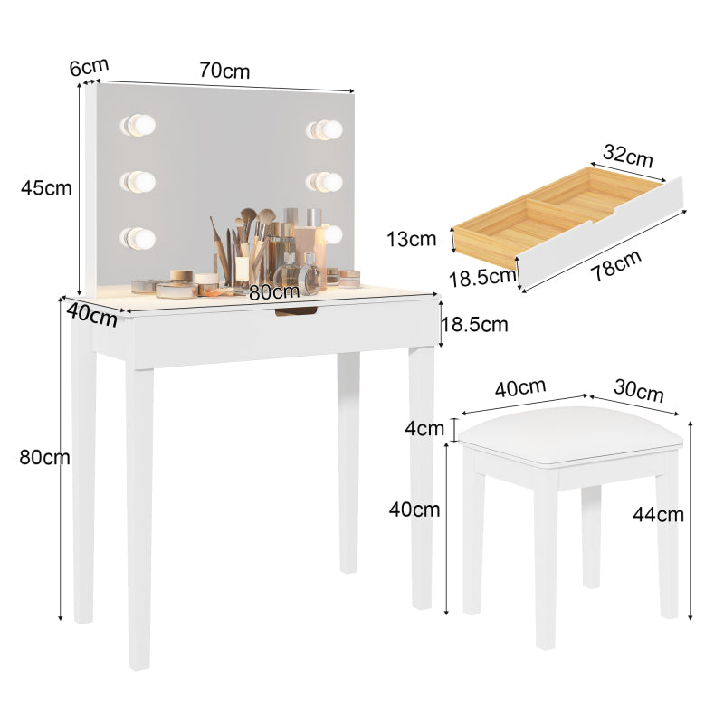 Schminktisch mit Spiegel, Schminkhocker, Schminktisch-Set mit 6 Glühbirnen, weiß
