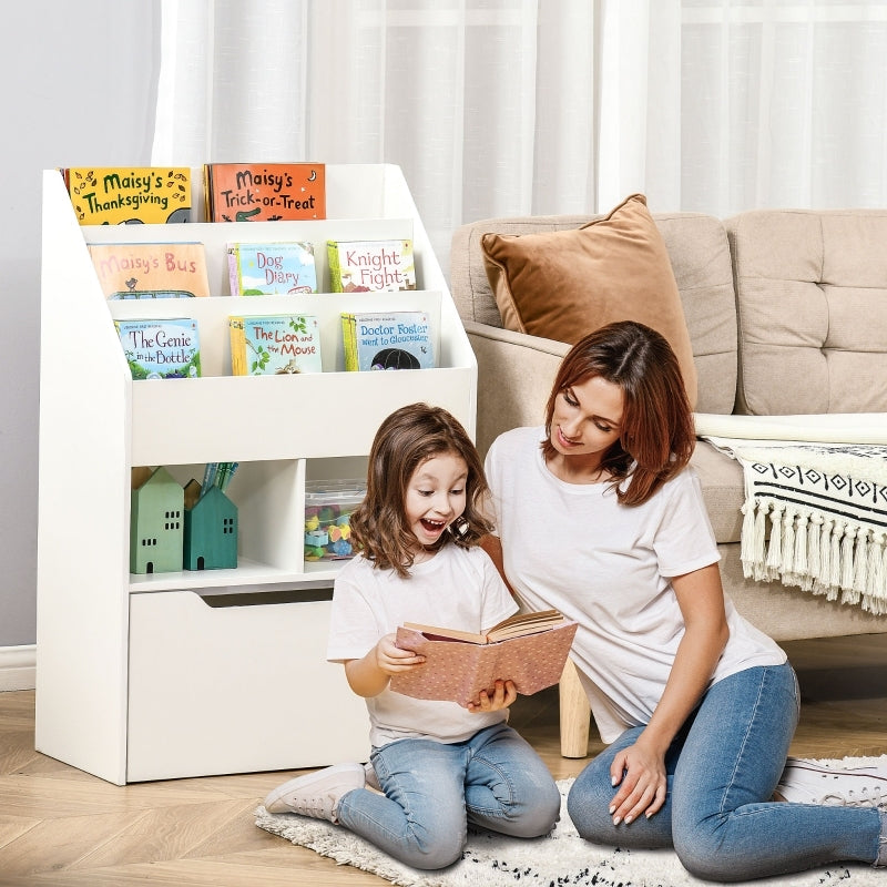 Kinder Bücherregal Kinderregal mit Schublade, 3 Ablagefächern und 2 offenen Fächern, Aufbewahrungsregal für Kinderzimmer, Spielzimmer, Weiß