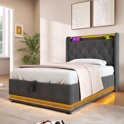 Polsterbett einzelbett,360-Surround-LED-Funktion, Drucktaste/App/Fernbedienung,90*200 cm, Grau Leinen-Material Hydraulisches Lagerbett, gepolstertes Kopfteil mit USB Typ-C Ladefunktion (Ohne Matratze)