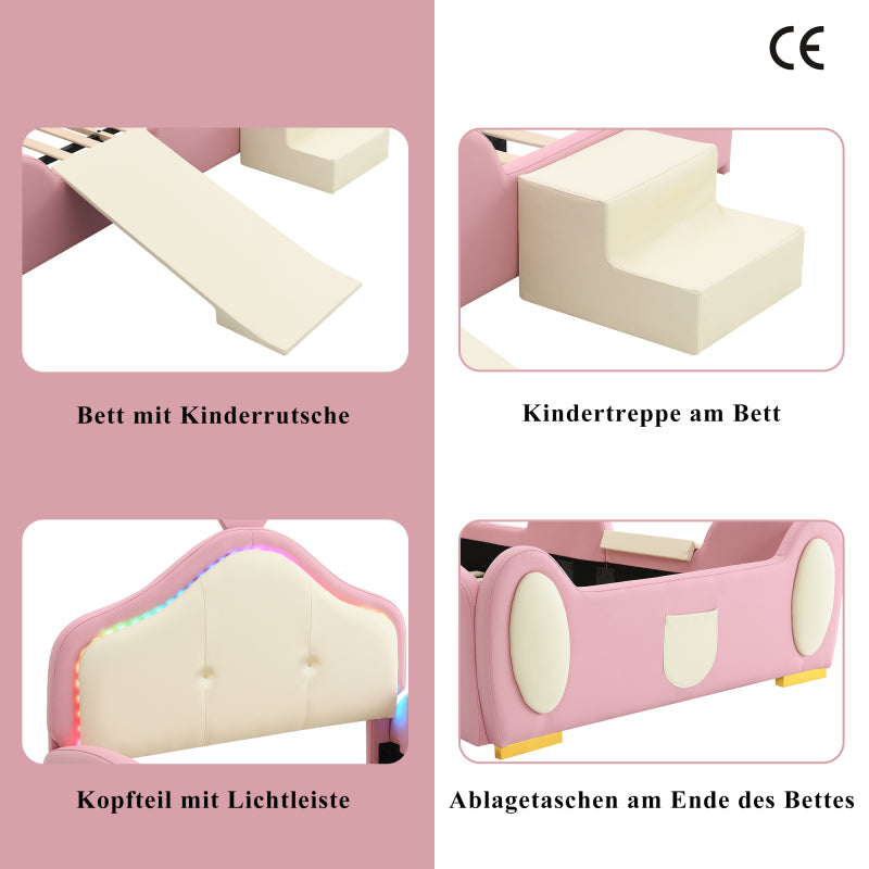 Polsterbett, Crown Cartoon Bett, Mit Multi-Mode-LED-Streifen, Kinderbett mit kleiner Rutsche und Treppe, mit schützenden weichen Kanten, mit Holzlatten, PU, Rosa + Beige, 90x200cm