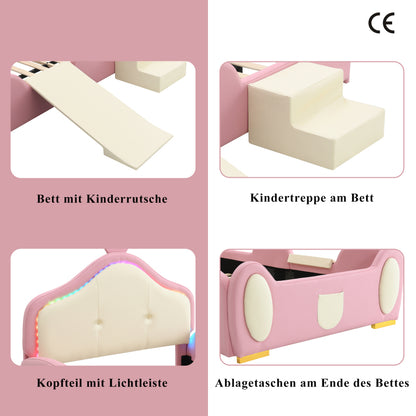 Polsterbett, Crown Cartoon Bett, Mit Multi-Mode-LED-Streifen, Kinderbett mit kleiner Rutsche und Treppe, mit schützenden weichen Kanten, mit Holzlatten, PU, Rosa + Beige, 90x200cm