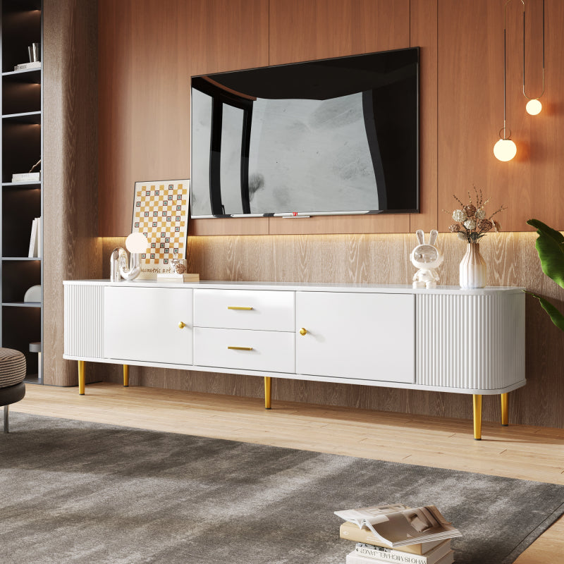 TV-Schrank mit Schubladen, geschwungenen Ecken, Wohnzimmer-TV-Schrank mit gewellten Seiten, goldenen Griffen und Beinen