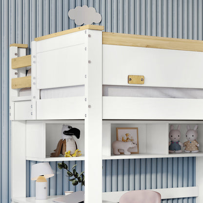 Etagenbett, Kinderbett, mit Fallschutzgitter, mit Tisch und Kleiderschrank, Offenes Regal, Reichlich Stauraum, Mit vierstufiger Leiter, Kiefer+MDF+Sperrholz, Weiß+Natur, 90x200cm