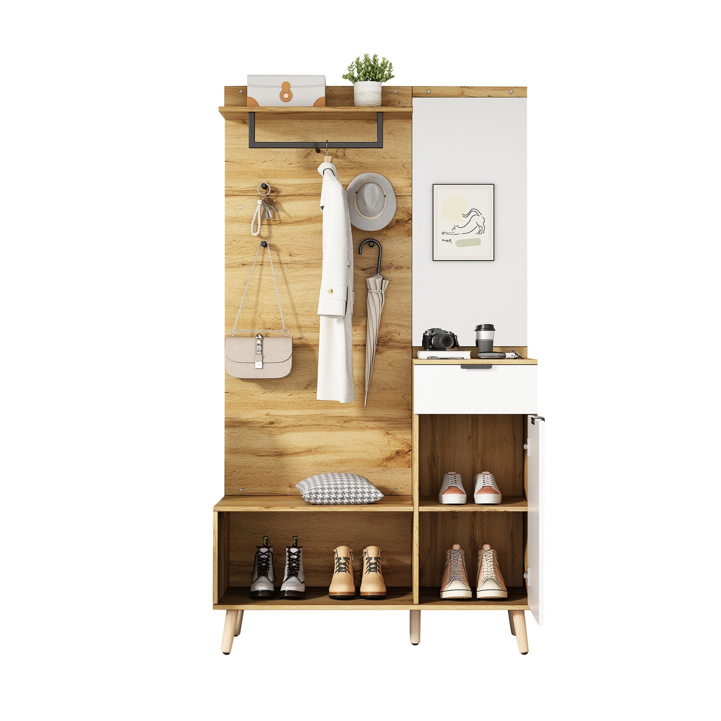 Multifunktionales Garderobenset aus Holz mit Spiegel, Schuhbank, Schuhschrank, Schublade, Regal und Kleiderhaken – Modernes Design mit hydraulischen Scharnieren und praktischem Stauraum